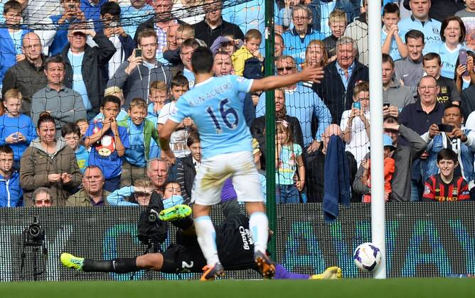 Sergio Aguero of Manchester City scores his second from a penalty - Barclays Premier League - Manchester City vs Everton - Etihad Stadium - Manchester - England - 05 10 13 - Picture Simon Bellis Sportimage EDITORIAL USE ONLY. No use with unauthorised audio, video, data, fixture lists, club league logos or live services. Online in-match use limited to 120 images, no video emulation. No use in betting, games or single club league player publications.