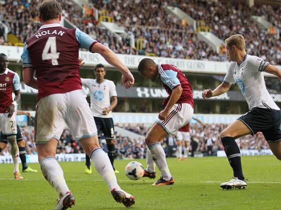 West Ham s Winston Reid scoring his sides opening goal Tottenham Hotspur - West Ham United - Premier League - White Hart Lane - London - England -06 10 2013 - xDavidxKleinx EDITORIAL USE ONLY. No use with unauthorised audio, video, data, fixture lists, club league logos or live services. Online in-match use limited to 120 images, no video emulation. No use in betting, games or single club league player publications.