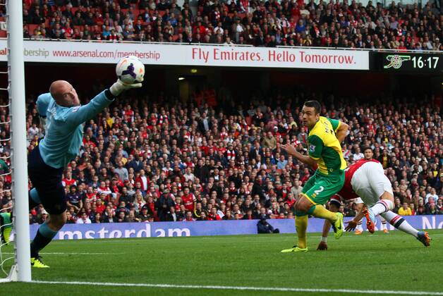 Arsenal FC London v Norwich City Mesut Ozil (A) scores a goal for Arsenal past John Ruddy (NC). 2-0. 