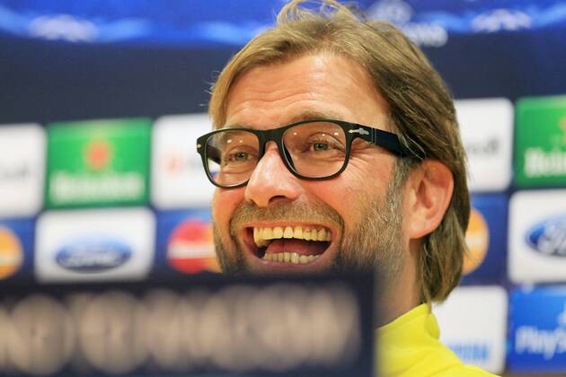 Trainer Jürgen Klopp (Borussia Dortmund) gut gelaunt am Lachen, Emotion, Freude, Glück Pressekonferenz --- Fussball --- Champions League --- 21.10.2013 EP_JSE