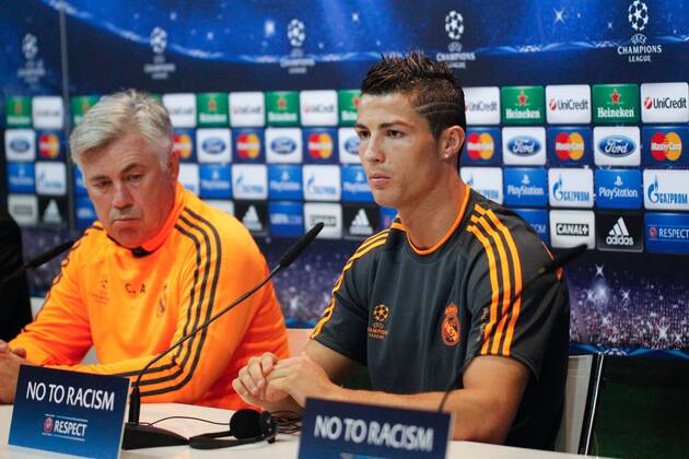MADRID, SPAIN OCTOBER 22: Real Madrid forward Cristiano Ronaldo sitting next to Real Madrid coach Carlo Ancelotti at a pregame press conference ahead of the Champions League match Real Madrid vs Juventus, in the press room of the Valdebebas sports complex on the 22nd of October 2013 in Madrid, Spain (Photo: Madridismo SL Cordon Press) 