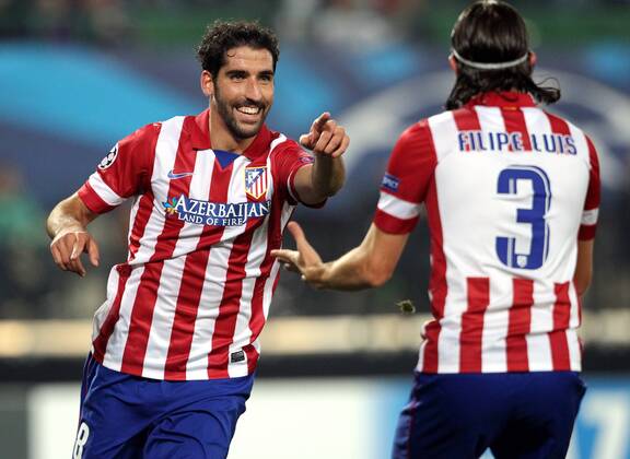 FUSSBALL - CL, A.Wien vs Atletico WIEN,AUSTRIA,22.OKT.13 - FUSSBALL - UEFA Champions League, Gruppenphase, FK Austria Wien vs Atletico Madrid. Bild zeigt den Jubel von Raul Garcia und Filipe Luis (Atletico). 