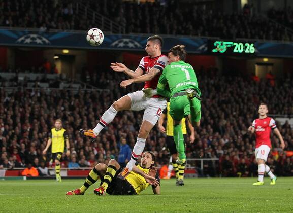 Arsenal s Olivier Giroud beating Dortmund s Roman Weidenfeller to the ball to score his sides opening goal Arsenal v Dortmund - UEFA Champions League - the Emirates - London - England -22 10 2013 - Pic David Klein Sportimage EDITORIAL USE ONLY. No use with unauthorised audio, video, data, fixture lists, club league logos or live services. Online in-match use limited to 120 images, no video emulation. No use in betting, games or single club league player publications.