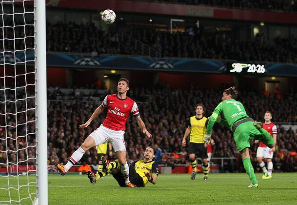 Arsenal s Olivier Giroud beating Dortmund s Roman Weidenfeller to the ball to score his sides opening goal Arsenal v Dortmund - UEFA Champions League - the Emirates - London - England -22 10 2013 - Pic David Klein Sportimage EDITORIAL USE ONLY. No use with unauthorised audio, video, data, fixture lists, club league logos or live services. Online in-match use limited to 120 images, no video emulation. No use in betting, games or single club league player publications.