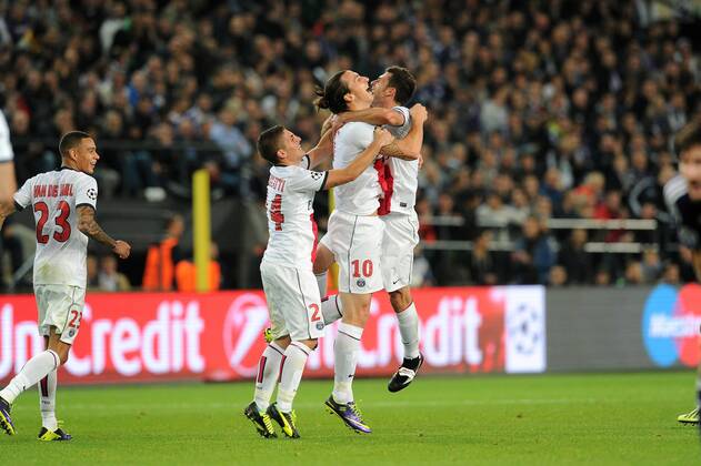 Zlatan Ibrahimovic - Thiago Motta - Marco Verratti (PSG) RSC Anderlecht vs PSG Paris St. Germain - CL - 23 10 2013 N.LeGouic FEP Panoramic 