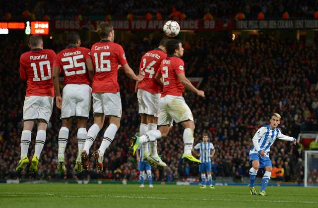 Antoine Griezmann of Real Sociedad takes a free kick which struck the bar- UEFA Champions League Group A - Manchester Utd vs Real Sociedad - Old Trafford Stadium - Manchester - England - 23 10 13 - EDITORIAL USE ONLY. No use with unauthorised audio, video, data, fixture lists, club league logos or live services. Online in-match use limited to 120 images, no video emulation. No use in betting, games or single club league player publications.