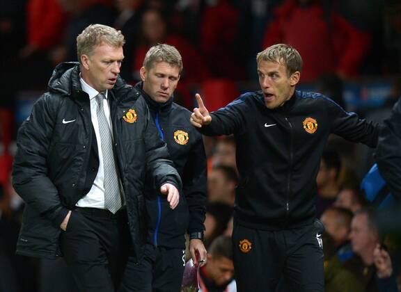 Phil Neville chats to David Moyes manager of Manchester United - UEFA Champions League Group A - Manchester Utd vs Real Sociedad - Old Trafford Stadium - Manchester - England - 23 10 13 - EDITORIAL USE ONLY. No use with unauthorised audio, video, data, fixture lists, club league logos or live services. Online in-match use limited to 120 images, no video emulation. No use in betting, games or single club league player publications.