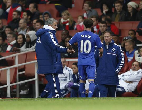 Chelsea manager Jose Mourinho shakes hands with Chelsea s Juan Mata Arsenal v Chelsea - Capital One Cup Fourth Round - The Emirates - London - England -29 10 2013 - Pic David Klein Sportimage EDITORIAL USE ONLY. No use with unauthorised audio, video, data, fixture lists, club league logos or live services. Online in-match use limited to 120 images, no video emulation. No use in betting, games or single club league player publications.