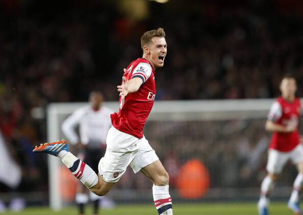 Arsenal s Aaron Ramsey celebrates scoring his sides second goal Arsenal v Liverpool - Barclays Premier League - Emirates Stadium - London - England -02 11 2013 - Pic David Klein Sportimage EDITORIAL USE ONLY. No use with unauthorised audio, video, data, fixture lists, club league logos or live services. Online in-match use limited to 120 images, no video emulation. No use in betting, games or single club league player publications.