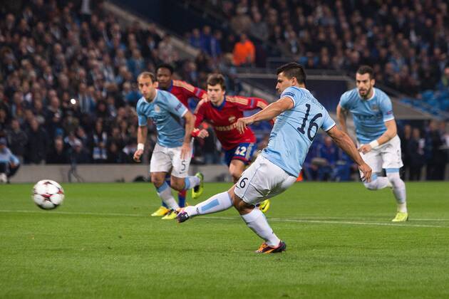 Sergio - Kun - Aguero of Manchester City scores the opening goal from the penalty spot - Manchester City vs. CSKA Moscow - UEFA Champions League - Etihad Stadium - Manchester - 05 11 2013 EDITORIAL USE ONLY. No use with unauthorised audio, video, data, fixture lists, club league logos or live services. Online in-match use limited to 120 images, no video emulation. No use in betting, games or single club league player publications.