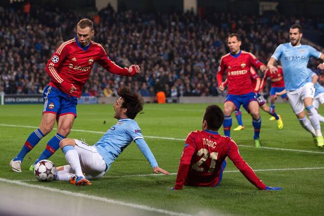 Sergio - Kun - Aguero of Manchester City goes down in the area to earn a penalty following a challenge from Zoran Tosic of CSKA Moscow - Manchester City vs. CSKA Moscow - UEFA Champions League - Etihad Stadium - Manchester - 05 11 2013 EDITORIAL USE ONLY. No use with unauthorised audio, video, data, fixture lists, club league logos or live services. Online in-match use limited to 120 images, no video emulation. No use in betting, games or single club league player publications.