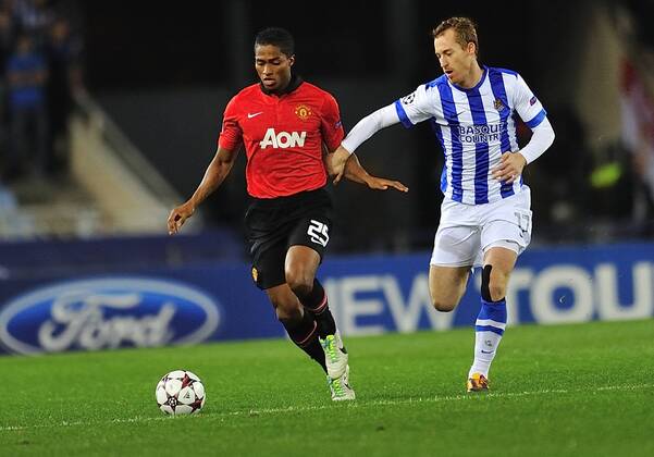 Nov. 5, 2013 - San Sebastian, Pais Basco, Spain - Manchester U. midfielder ANTONIO VALENCIA, (L) and Real Sociedad midfielder DAVID ZURUTUZA, (right) during the match between Real Sociedad San Sebastian vs Manchester United at Anoeta Stadium. Soccer - 2013 - UEFA Champions League, Real Sociedad San Sebastian vs Manchester United (ManU).  - ZUMAm11