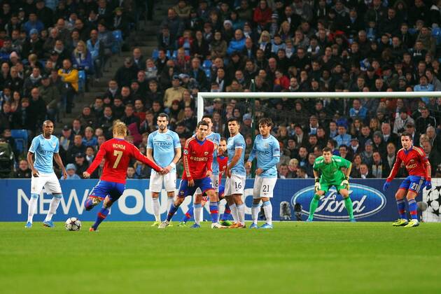 05.11.2013 Manchester, England. Keisuke Honda of CSKA Moscow fires a free kick towards goal during the Champions League group D . xPaulxKeevilx  ActionPlus11467639