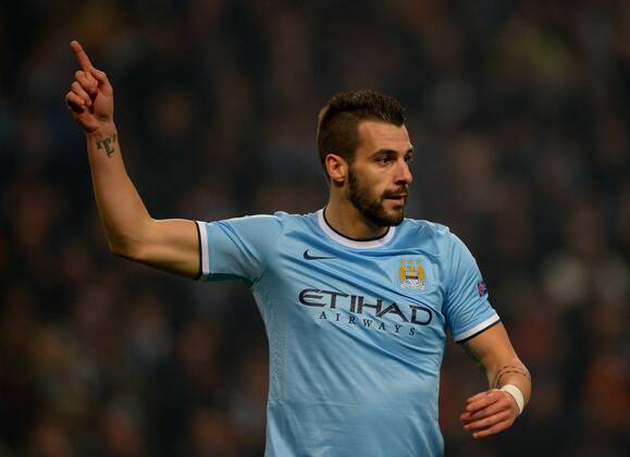 Alvaro Negredo of Manchester City celebrates scoring the fourth goal - UEFA Champions League Group D - Manchester City vs CSKA Moscow - Etihad Stadium - Manchester - England - 05 11 13 - EDITORIAL USE ONLY. No use with unauthorised audio, video, data, fixture lists, club league logos or live services. Online in-match use limited to 120 images, no video emulation. No use in betting, games or single club league player publications.