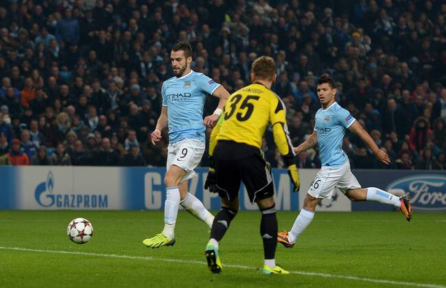 Alvaro Negredo of Manchester City scores the fourth goal - UEFA Champions League Group D - Manchester City vs CSKA Moscow - Etihad Stadium - Manchester - England - 05 11 13 - EDITORIAL USE ONLY. No use with unauthorised audio, video, data, fixture lists, club league logos or live services. Online in-match use limited to 120 images, no video emulation. No use in betting, games or single club league player publications.