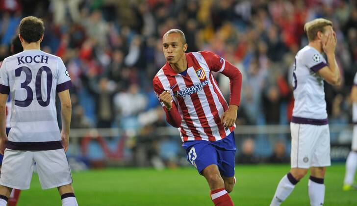 Atletico de Madrid Defender, number 23 MIRANDA - Joao Miranda de Souza Filho (28), celebrates after scoring a goal (0-0) - Champions league, soccer match between Atletico de Madrid - FK Austria Wien at the Vicente Calderon estadium, Madrid - Spain by November 6, 2013. GregorioxLopez. 