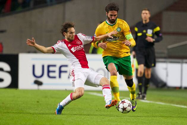 (L-R) Daley Blind of Ajax, Georgios Samaras of Celtic FC during the Champions League match between Ajax Amsterdam and Celtic FC on November 06, 2013 at the Amsterdam Arena in Amsterdam, The Netherlands. Ajax v Celtic FC UEFA Champions League 2013 2014 xVIxxIVx 1891287