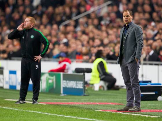 (L-R) coach Neil Lennon of Celtic FC, coach Frank de Boer of Ajax during the Champions League match between Ajax Amsterdam and Celtic FC on November 06, 2013 at the Amsterdam Arena in Amsterdam, The Netherlands. Ajax v Celtic FC UEFA Champions League 2013 2014 xVIxxIVx 1891288