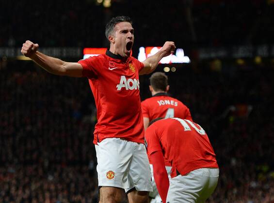 Robin van Persie of Manchester United celebrates his goal - Barclays Premier League - Manchester United (ManU) vs Arsenal FC London - Old Trafford Stadium - Manchester - England - 10 11 13 - EDITORIAL USE ONLY. No use with unauthorised audio, video, data, fixture lists, club league logos or live services. Online in-match use limited to 120 images, no video emulation. No use in betting, games or single club league player publications.