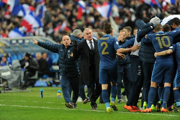 Didier Deschamps (entraineur -selectionneur France) Guy Stephan (entraineur adjoint France) Mathieu Debucy (France) FOOTBALL : France vs Ukraine - Barrages CDM 2014 - 19 11 2013 N.LeGouic FEP Panoramic