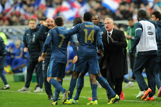 Didier Deschamps (entraineur -selectionneur France) Franck Ribery - Blaise Matuidi (France) Guy Stephan (entraineur adjoint France) FOOTBALL : France vs Ukraine - Barrages CDM 2014 - 19 11 2013 N.LeGouic FEP Panoramic