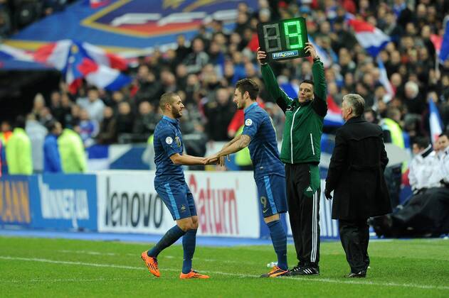 Didier Deschamps (entraineur -selectionneur France) Karim Benzema - Olivier Giroud (France) remplacement FOOTBALL : France vs Ukraine - Barrages CDM 2014 - 19 11 2013 N.LeGouic FEP Panoramic