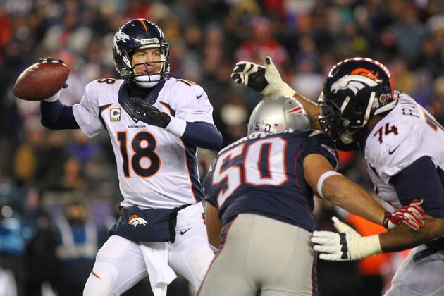 Denver Broncos quarterback Peyton Manning (18) throws a pass in the second quarter against the New England Patriots in Foxboro, Massachusetts on November 24, 2013.  BOS2013112405