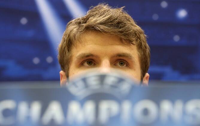 ITAR-TASS: MOSCOW REGION, RUSSIA. NOVEMBER 26, 2013. Bayern s Thomas Mueller gives a press conference ahead of the UEFA Champions League Group D Round 5 football match against CSKA Moscow.  RE1317E3