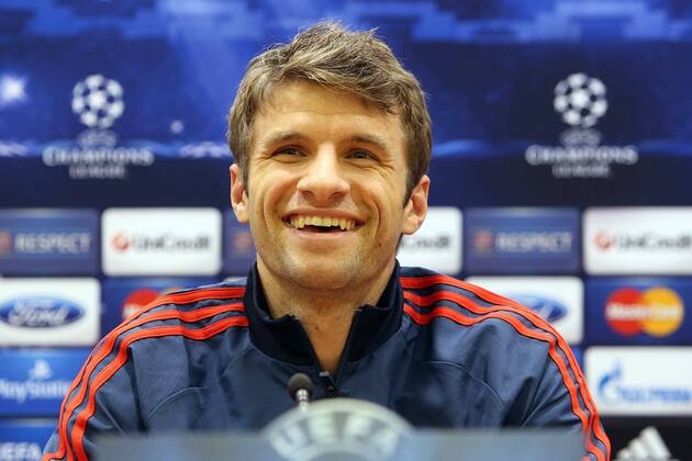 November 26, 2013. Russia, Khimki, arena New Khimki. Press conference FC Bayern Munich (Germany) before the match UEFA Champions League against FC CSKA. Bayern s player Thomas Muller DmitryxGolubovich 