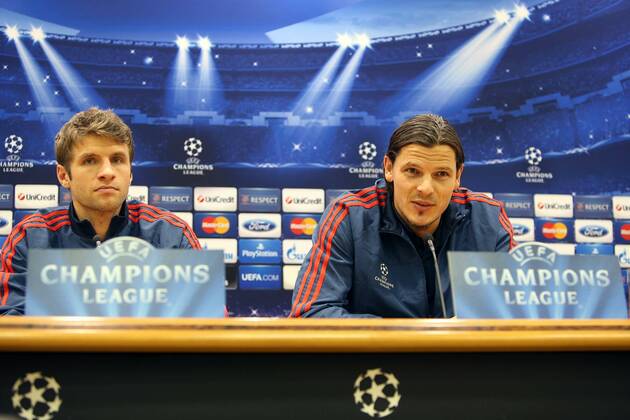 November 26, 2013. Russia, Khimki, arena New Khimki. Press conference FC Bayern Munich (Germany) before the match UEFA Champions League against FC CSKA. Bayern s players Thomas Muller, Daniel Van Buyten DmitryxGolubovich 