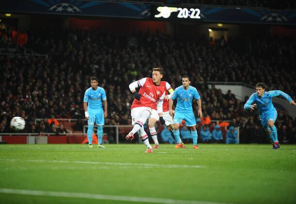 Football - 2013 2014 Champions League - Group F: Arsenal FC London vs. Olympique de Marseille Arsenal s Mesut Ozil misses is penalty kick at The Emirates. 