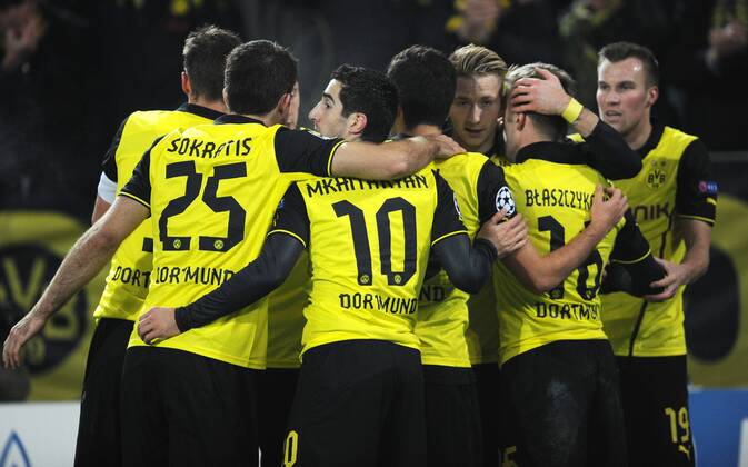 26-11-2013, Fussball, Saison 2013-2014, UEFA Champions League, Vorrunde, Borussia Dortmund - SSC Neapel, Jubel BVB - vre. Kevin Grosskreutz (Kevin Großkreutz, Borussia Dortmund), Jakub Kuba Blaszczykowski (Borussia Dortmund), Marco Reus (Borussia Dortmund), Henrikh Mkhitaryan (Borussia Dortmund), Sokratis (Borussia Dortmund), Sebastian Kehl (Borussia Dortmund)