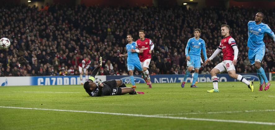 26.11.2013 London, England. Arsenal midfielder Jack WILSHERE scores his second goal during the UEFA Champions League match Arsenal FC London v Olympique Marseille from The Emirates Stadium. xCraigxMercerx  ActionPlus11473866