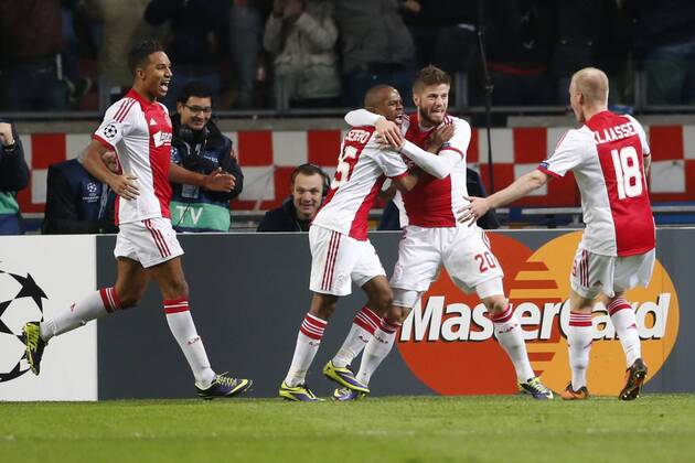 (L-R) Danny Hoesen of Ajax, Thulani Serero of Ajax, Lasse Schone of Ajax, Davy Klaassen of Ajax during the Champions League match between Ajax Amsterdam and FC Barcelona on November 26, 2013 at the Amsterdam Arena in Amsterdam, The Netherlands. Ajax v FC Barcelona UEFA Champions League 2013 2014 xVIxLaurensxLindhoutxIVx 1924433
