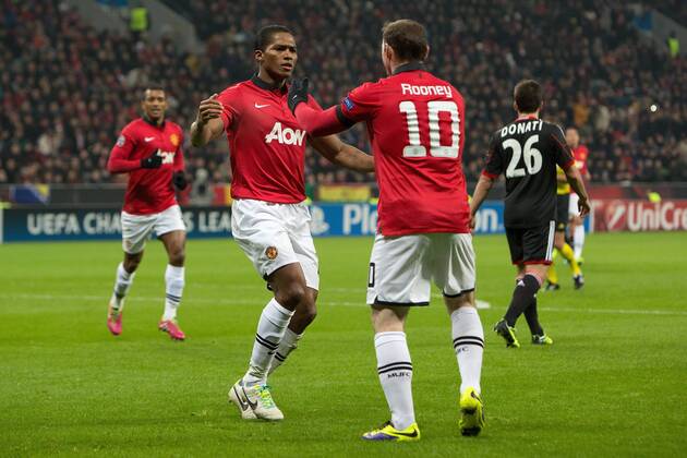 Antonio Valencia of Manchester United celebrates his opening goal - Bayer Leverkusen vs. Manchester United - UEFA Champions League - Bay Arena - Leverkusen - 27 11 2013 Pic Philip Oldham Sportimage EDITORIAL USE ONLY. No use with unauthorised audio, video, data, fixture lists, club league logos or live services. Online in-match use limited to 120 images, no video emulation. No use in betting, games or single club league player publications.