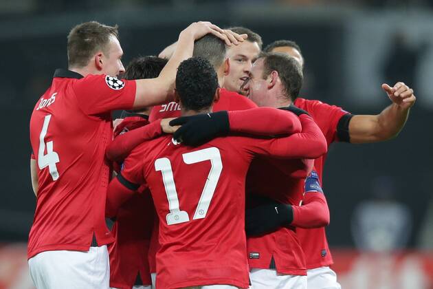 27.11.2013, xgsx, Fussball Champions League, Bayer 04 Leverkusen - Manchester United, v.l. Phil Jones (Manchester United, ManU - 4) - Nani (Manchester United, ManU - 17) - Chris Smalling (Manchester United, ManU - 12) - Wayne Rooney (Manchester United, ManU - 10) Goal celebration, reacts after a a goal, Torjubel, freut sich, zeigt Emotionen, nach dem Tor zum 0-2