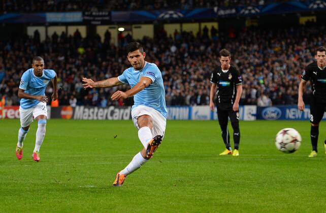 Sergio Kun Aguero of Manchester City scores from the penalty spot - UEFA Champions League Group D - Manchester City vs FC Viktoria Plzen - Etihad Stadium - Manchester - England- 27th November 2013 - Picture Simon Bellis Sportimage EDITORIAL USE ONLY. No use with unauthorised audio, video, data, fixture lists, club league logos or live services. Online in-match use limited to 120 images, no video emulation. No use in betting, games or single club league player publications.