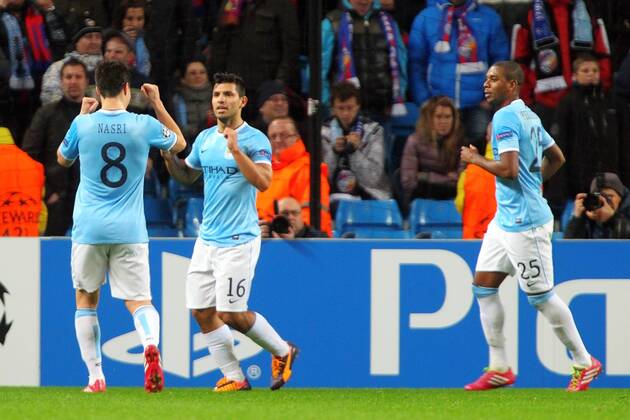 27.11.2013 Manchester, England. Sergio Kun Aguero of Manchester City celebrates his goal from the penalty spot during the UEFA Champions League match Manchester City v FC Viktoria Plzen from The Etihad Stadium, Manchester xPaulxKeevilx  ActionPlus20255917