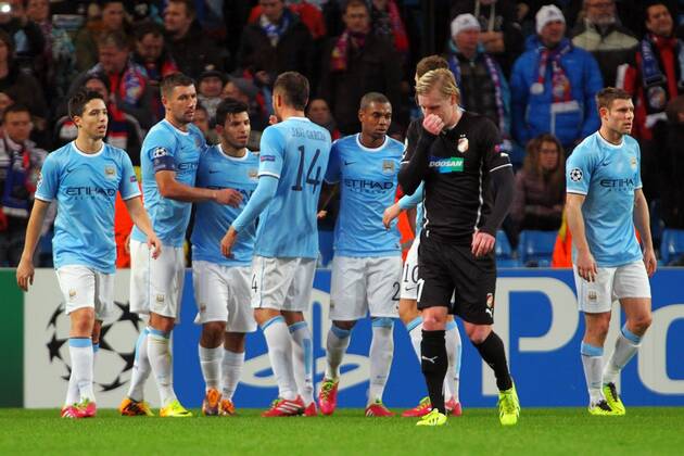 27.11.2013 Manchester, England. Sergio Kun Aguero of Manchester City celebrates his goal from the penalty spot during the UEFA Champions League match Manchester City v FC Viktoria Plzen from The Etihad Stadium, Manchester xPaulxKeevilx  ActionPlus20255930