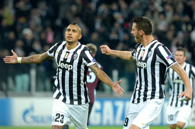 Nov. 27, 2013 - Torino - Arturo Vidal and Leonardo Bonucci celebrate during the Champions League match between Juventus and Copenaghen at Juventus Stadium on November 27, 2013 in Torino - Photo: FilippoAlfero NurPhoto Champions League 2013-2014, Juventus Turin - FC Copenaghen  - ZUMAn23