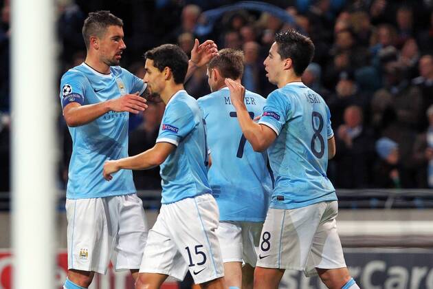 27.11.2013 Manchester, England. Samir Nasri of Manchester City celebrates his goal during the UEFA Champions League match Manchester City v FC Viktoria Plzen from The Etihad Stadium, Manchester xPaulxKeevilx  ActionPlus20257412