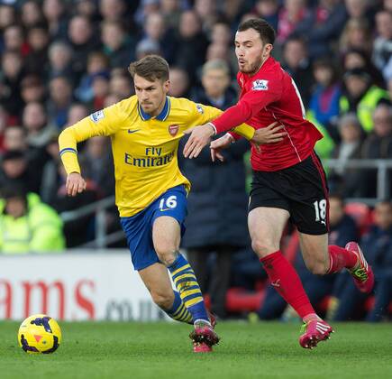 Arsenal s Aaron Ramsey and Cardiff s Jordan Mutch in action - Cardiff City vs. Arsenal FC London - Barclays Premier League - Cardiff City Stadium - Cardiff - 30 11 2013 EDITORIAL USE ONLY. No use with unauthorised audio, video, data, fixture lists, club league logos or live services. Online in-match use limited to 120 images, no video emulation. No use in betting, games or single club league player publications.
