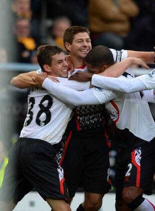 Steven Gerrard of Liverpool celebrates his equalising goal - Barclays Premier League - Hull City vs Liverpool - Kingston Communications Stadium - Hull - England - 1st December 2013 - Picture Simon Bellis Sportimage EDITORIAL USE ONLY. No use with unauthorised audio, video, data, fixture lists, club league logos or live services. Online in-match use limited to 120 images, no video emulation. No use in betting, games or single club league player publications.