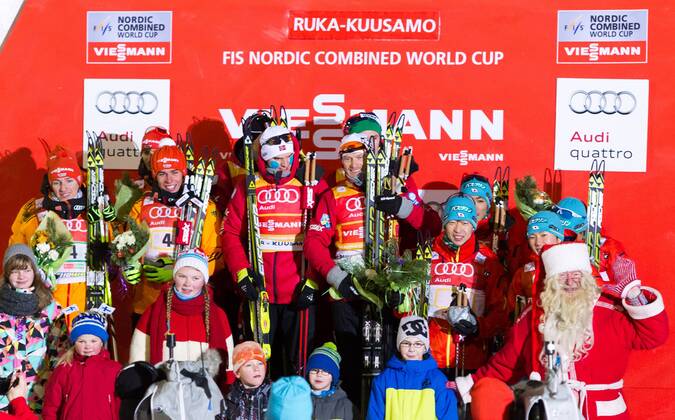 01.12.2013, Nordic Arena, Kuka, FIN, FIS Ski Nordisch Weltcup, Nordische Kombination, Langlauf, im Bild Podium, Teams von Deutschland, Norwegen und Japan Podium, Team of Germany, Norway and Japan during the mens FIS Nordic Combined World Cup Cross Country of the Nordic Opening at the Nordic Arena in Kuka, Finland on 2013 12 01. Foto: EIBNER EP_FEICHT_JFK E