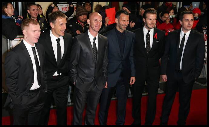 L to R Class of 92 Paul Scholes, Phil Neville, Nicky Butt, Ryan, Giggs, Dsavid Beckham, Gary Neville, arriving at the The Class of 92 premiere in London, Sunday, 1st December 2013. Picture by Stephen Lock i-Images StephenxLockx xi-Images  IIM-0959-0041
