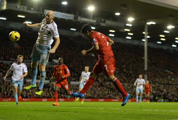 Luis Suarez of Liverpool heads the third goal - Barclays Premier League - Liverpool vs West Ham Utd - Anfield Stadium - Liverpool - England - 7th December 2013 - Picture Simon Bellis Sportimage EDITORIAL USE ONLY. No use with unauthorised audio, video, data, fixture lists, club league logos or live services. Online in-match use limited to 120 images, no video emulation. No use in betting, games or single club league player publications.