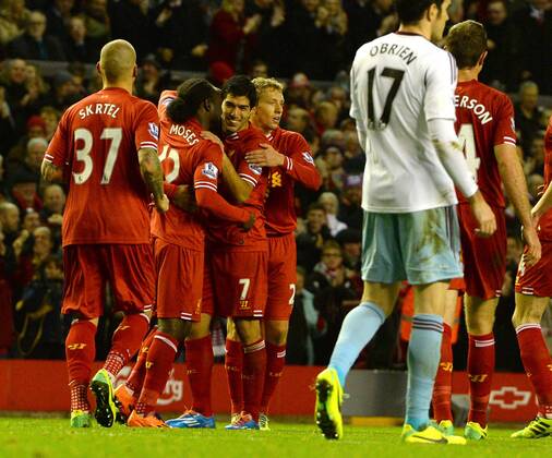 Luis Suarez of Liverpool celebrates the fourth goal - Barclays Premier League - Liverpool vs West Ham Utd - Anfield Stadium - Liverpool - England - 7th December 2013 - Picture Simon Bellis Sportimage EDITORIAL USE ONLY. No use with unauthorised audio, video, data, fixture lists, club league logos or live services. Online in-match use limited to 120 images, no video emulation. No use in betting, games or single club league player publications.