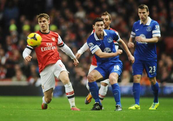 Football - 2013 2014 Premier League - Arsenal FC London vs. Everton FC - Gareth Barry - Everton Aaron Ramsey - Arsenal . COLORSPORT ANDREW COWIE 