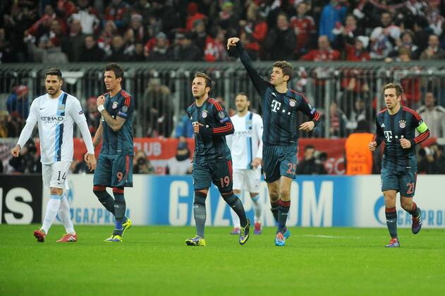 Thomas Müller (FC Bayern München) freut sich nach seinem fruehen Tor in der 4.Minute. Bayern München - Manchester City, Champions League, Vorrunde, 10.12.2013 Foto: EIBNER Bayern München - Manchester City, Champions League, Vorrunde, 10.12.2013 Foto: EIBNER