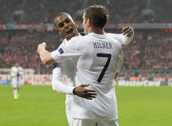 10.12.2013, xtvx, Fussball Champions League, FC Bayern München - Manchester City, v.l. Goal scored, Tor zum 2:3 James Milner (Manchester City) Torjubel, Goal celebration, celebrate the goal, celebrates scoring Fernandinho (Manchester City) James Milner (Manchester City)